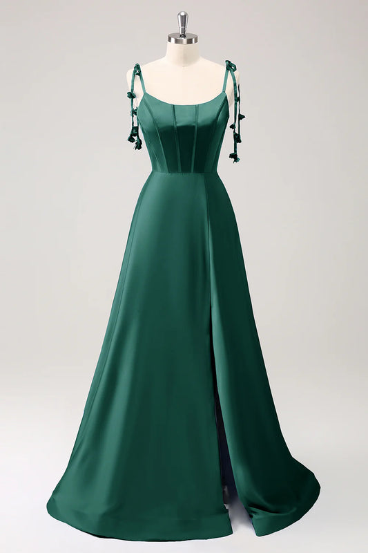 DingJiDress Dark Green A Line Evening Dress Spaghetti Straps Lace Up Back Long Prom Dress with Slit