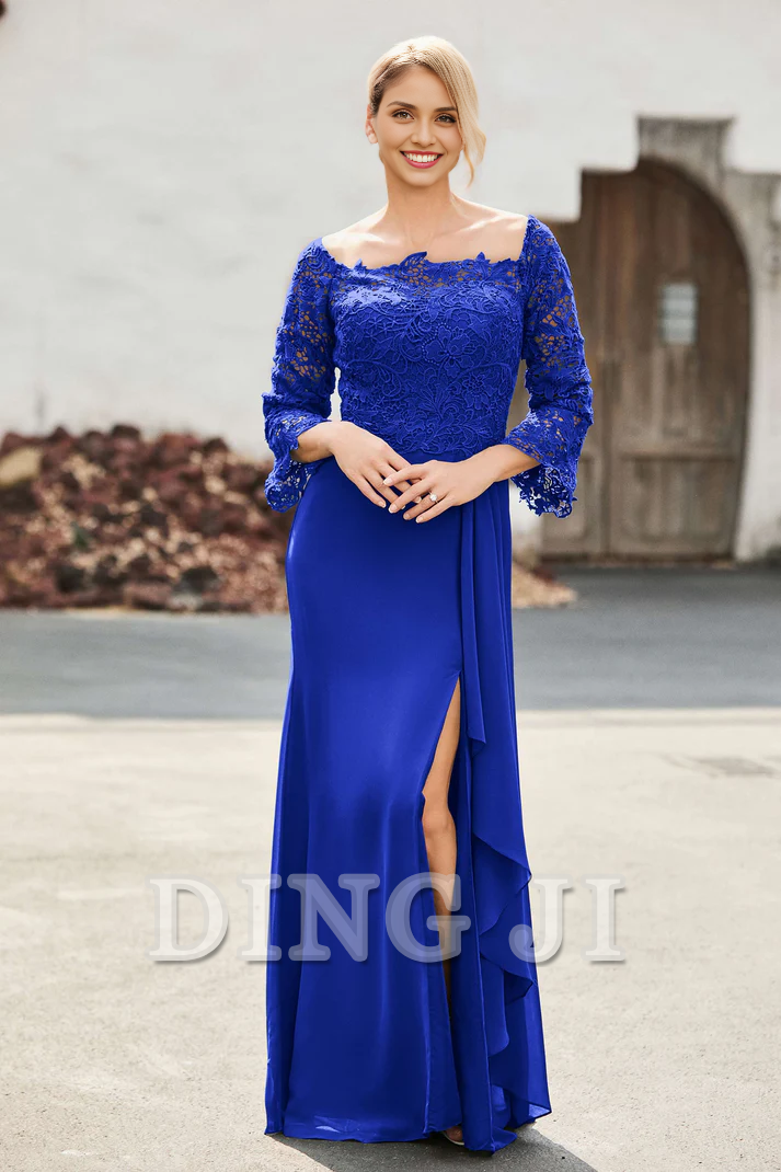 DingJiDress Mother of the Bride Dresses Ruffles Long Sleeves Sheath Dress With Slit Elegant Charming Dresses Wedding Guests Dresses