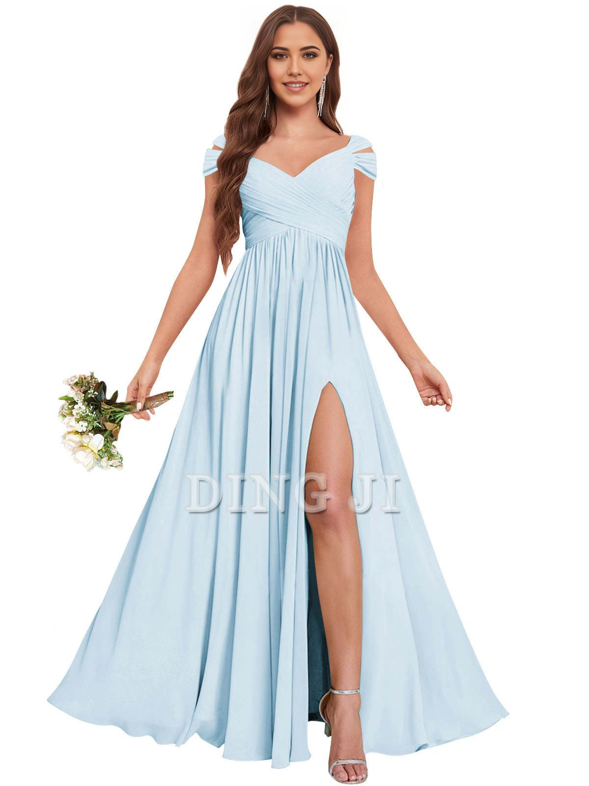 DingJiDress Bridesmaid Dresses Exquisite V Neck Off The Shoulder Side Fork Chiffon Long Formal Wear Dresses