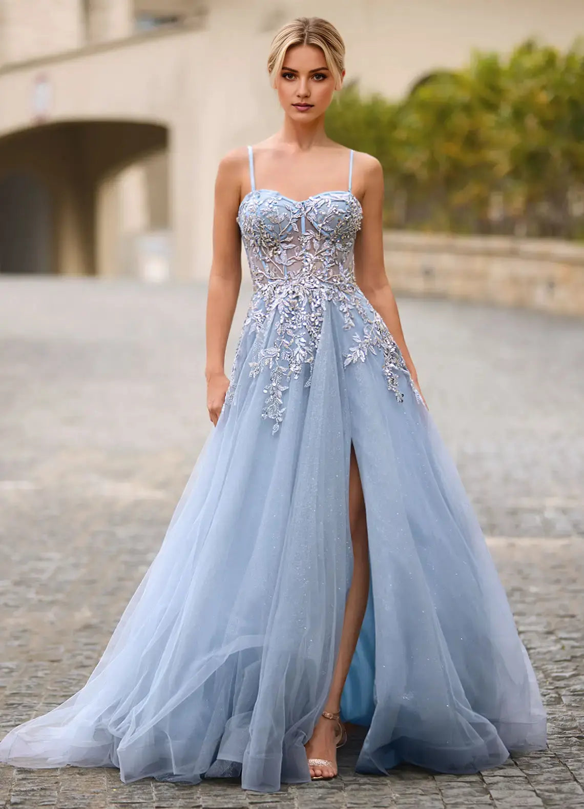Dusty Blue Sparkle Tulle A Line Detachable Spaghetti Strap Sweetheart Neckline Rhinestone Sheer Lace Side Fork Backless Gorgeous Formal Dresses Affordable Prom Dress