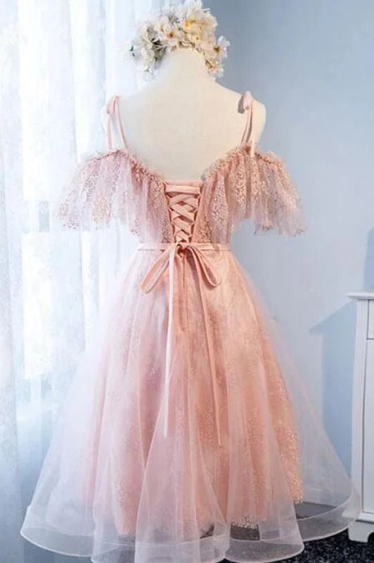 DingJiDress Short Prom Dress A Line Spaghetti Strap Tulle Lace Cute Short Pearls Charming Short Homecoming Dress