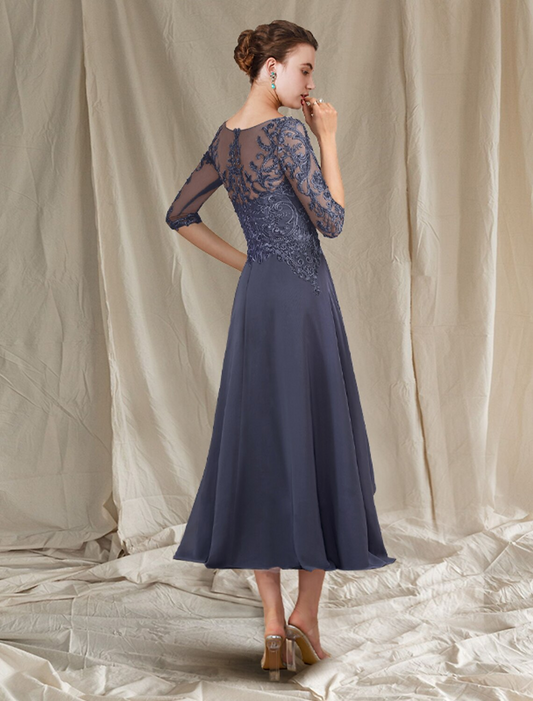 A-Line Mother of the Bride Dress Elegant Floor Length Chiffon Lace Half Sleeve with Pleats