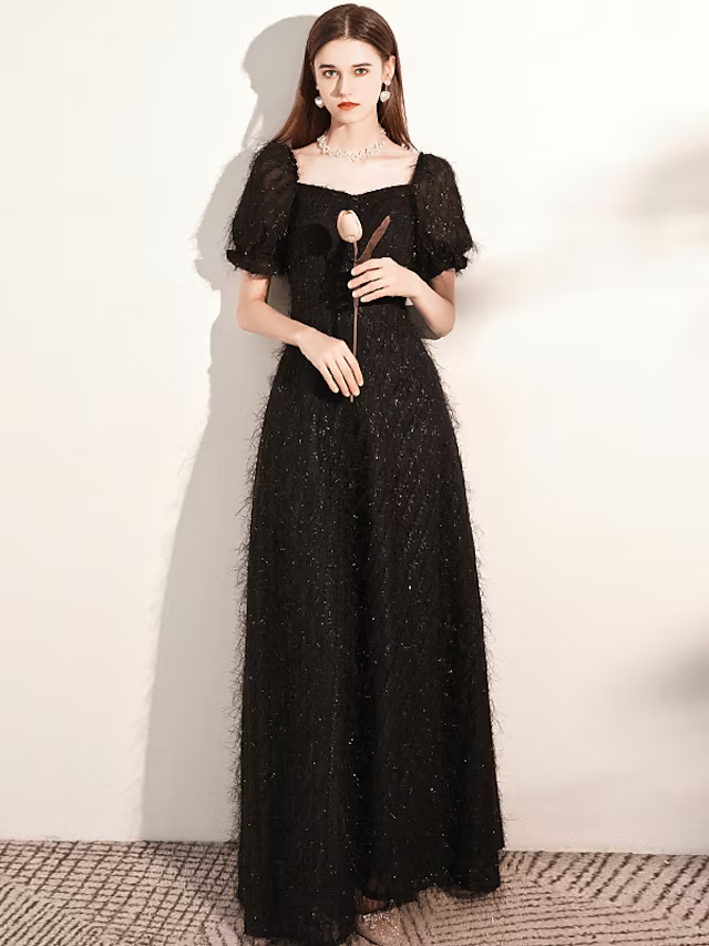 A-Line Evening Gown Dress Wedding Guest Floor Length Short Sleeve Scoop Neck Tulle with Buttons