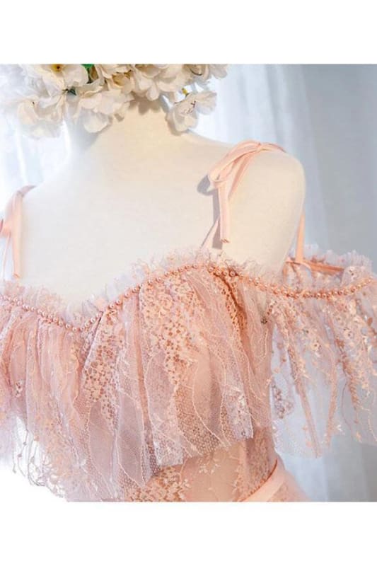 DingJiDress Short Prom Dress A Line Spaghetti Strap Tulle Lace Cute Short Pearls Charming Short Homecoming Dress