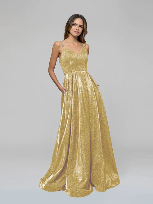 DingJiDress V-neck Sparkly A Line Long Prom Dresses Glitter Ball Gown