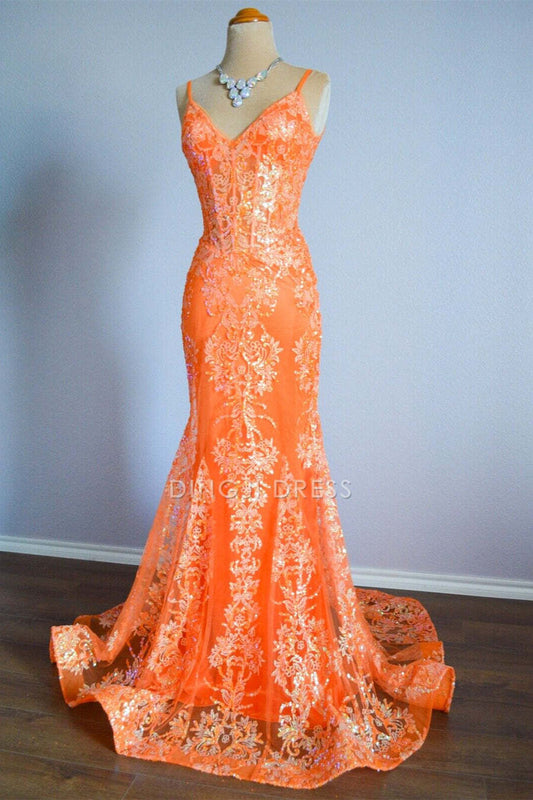 DingJiDress Formal Dress Mermaid Spaghetti Straps Sequins Applique Long Exquisite Prom Dress