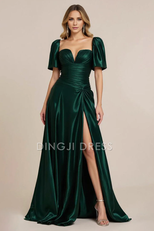 DingJiDress High Quality Dress Satin Elegant A Line Sweetheart Pleated Short Sleeves Side Fork Long Prom Dress