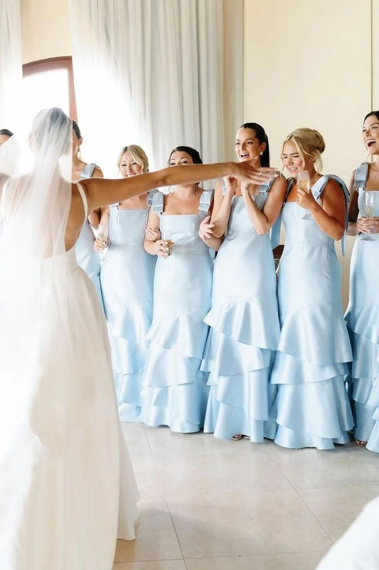 Modern Fashion Light Blue Satin Mermaid Straps Bows Square Neck Sleeveless Tiered Ruffles Low Cost Floor Length Bridesmaid Dresses