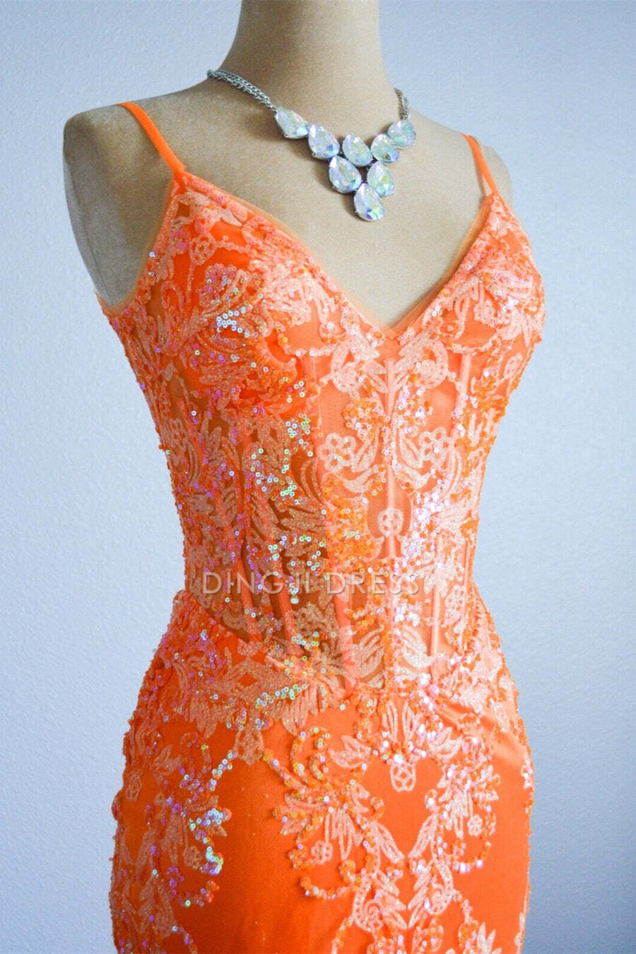 DingJiDress Formal Dress Mermaid Spaghetti Straps Sequins Applique Long Exquisite Prom Dress