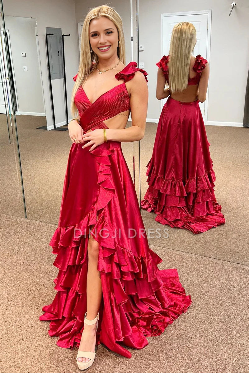 DingJiDress Formal Dress Sexy A-Line V-Neck Sleeveless Ruched Tiered Backless With Side Slit Charming Prom Dress
