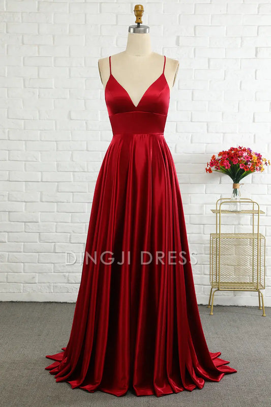 DingJiDress Simple A Line Spaghetti Straps Backless Lace up Long Elegant Prom Dress