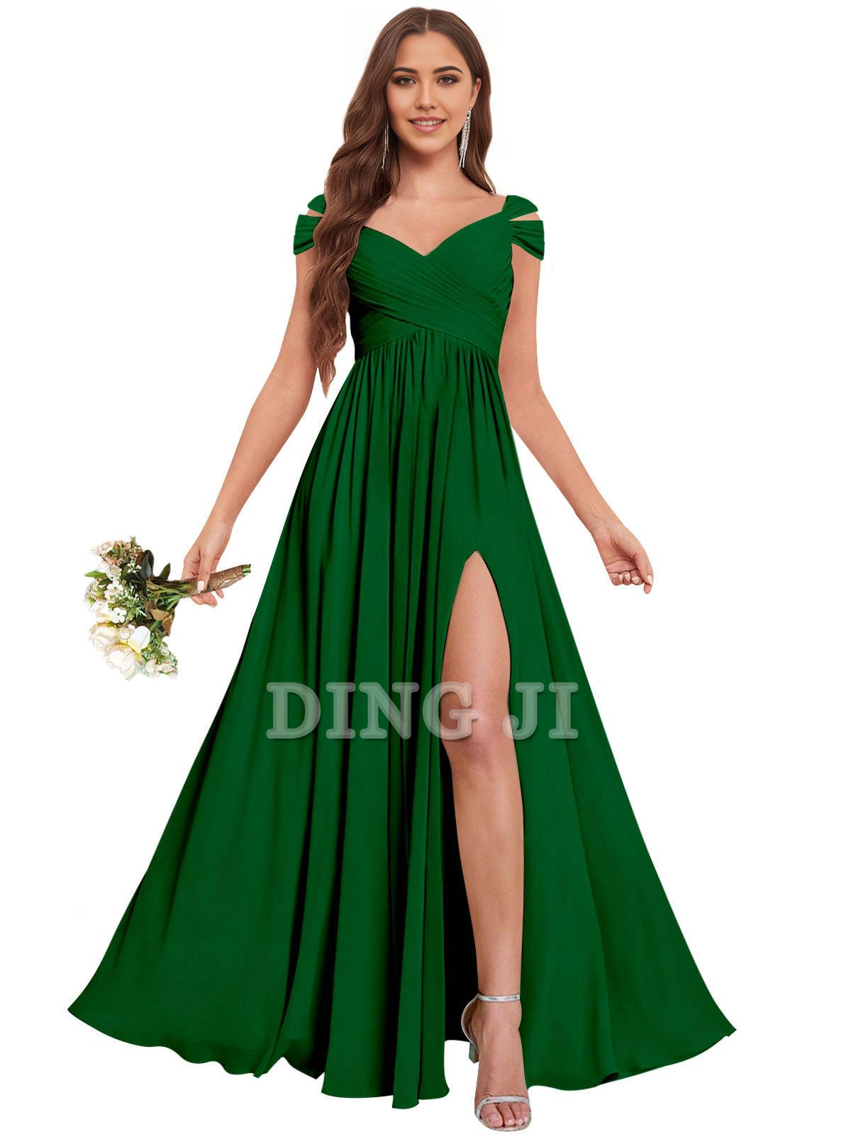 DingJiDress Bridesmaid Dresses Exquisite V Neck Off The Shoulder Side Fork Chiffon Long Formal Wear Dresses