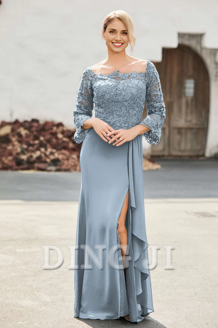 DingJiDress Mother of the Bride Dresses Ruffles Long Sleeves Sheath Dress With Slit Elegant Charming Dresses Wedding Guests Dresses