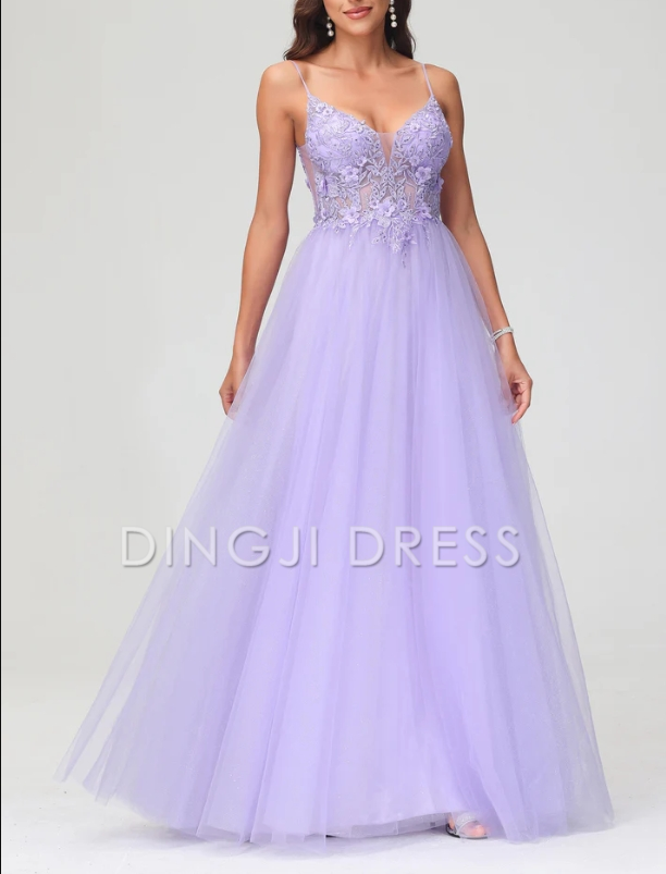 DingJiDress Evening Dress Charming A-Line V Neck Spaghetti Straps Tulle Applique Long Dress Exquisite Formal Dress