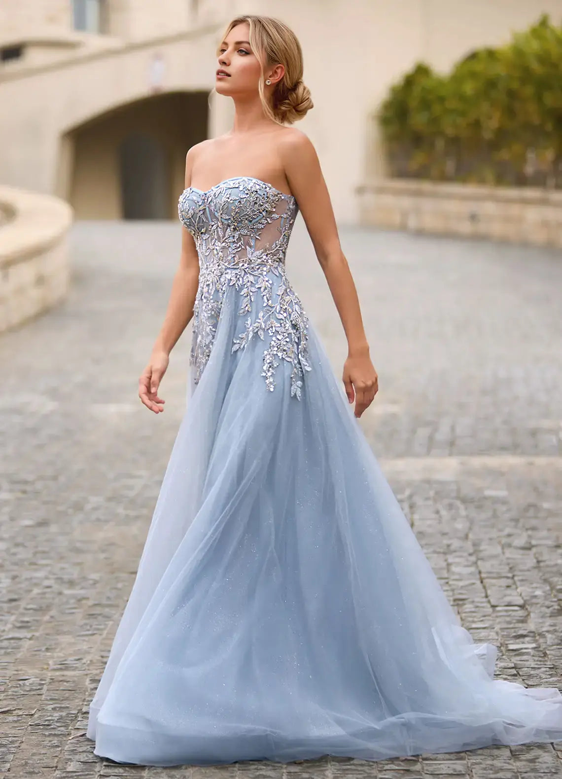 Dusty Blue Sparkle Tulle A Line Detachable Spaghetti Strap Sweetheart Neckline Rhinestone Sheer Lace Side Fork Backless Gorgeous Formal Dresses Affordable Prom Dress