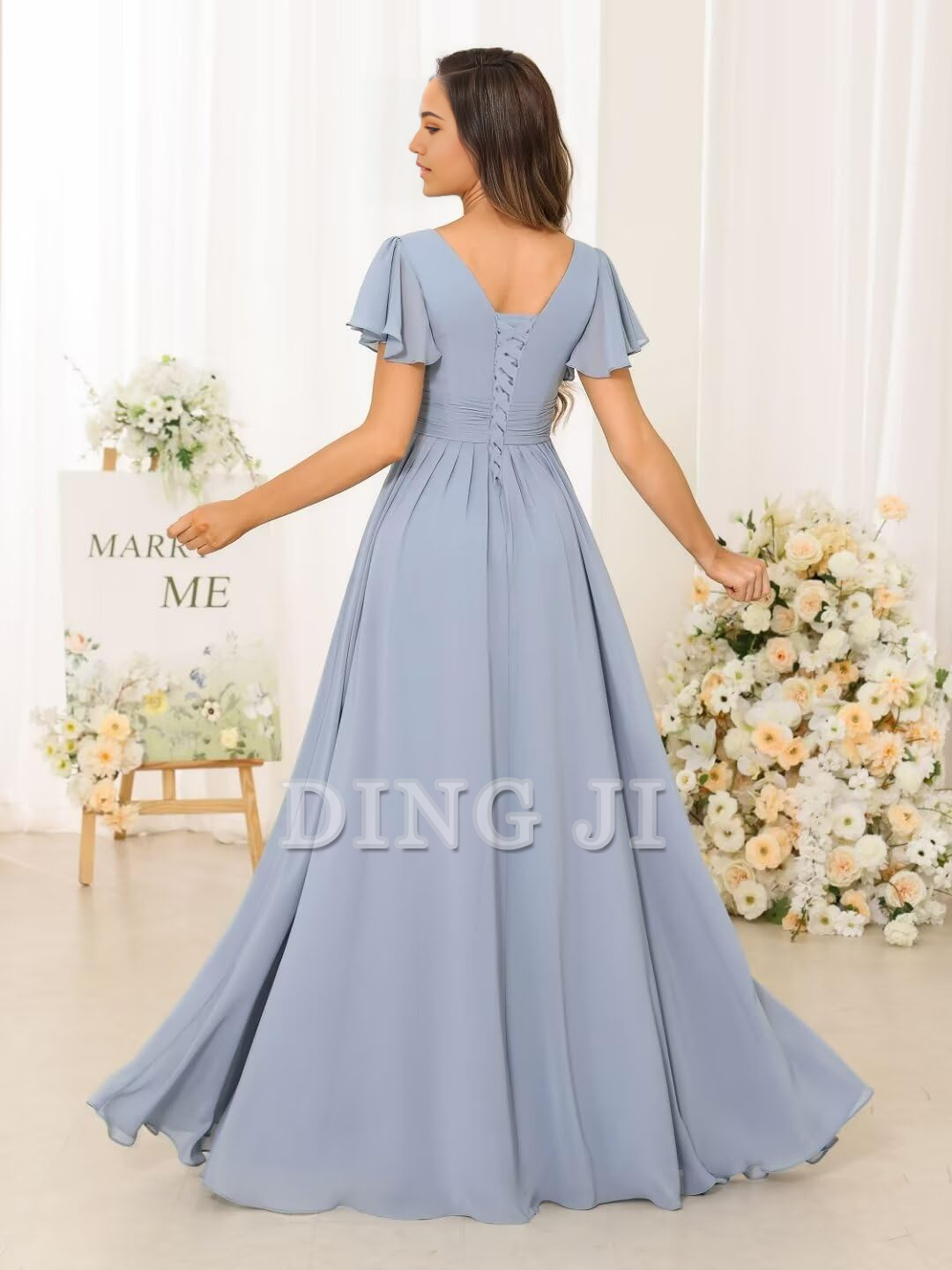 DingJiDress Bridesmaid Dresses A Line V Neck Flutter Sleeve Side Fork Youthful Elegant Chiffon Formal Wear Dresses