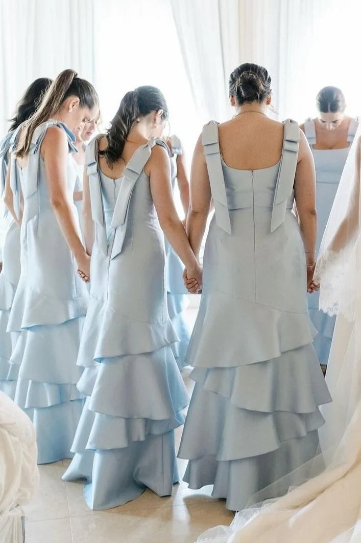 Modern Fashion Light Blue Satin Mermaid Straps Bows Square Neck Sleeveless Tiered Ruffles Low Cost Floor Length Bridesmaid Dresses