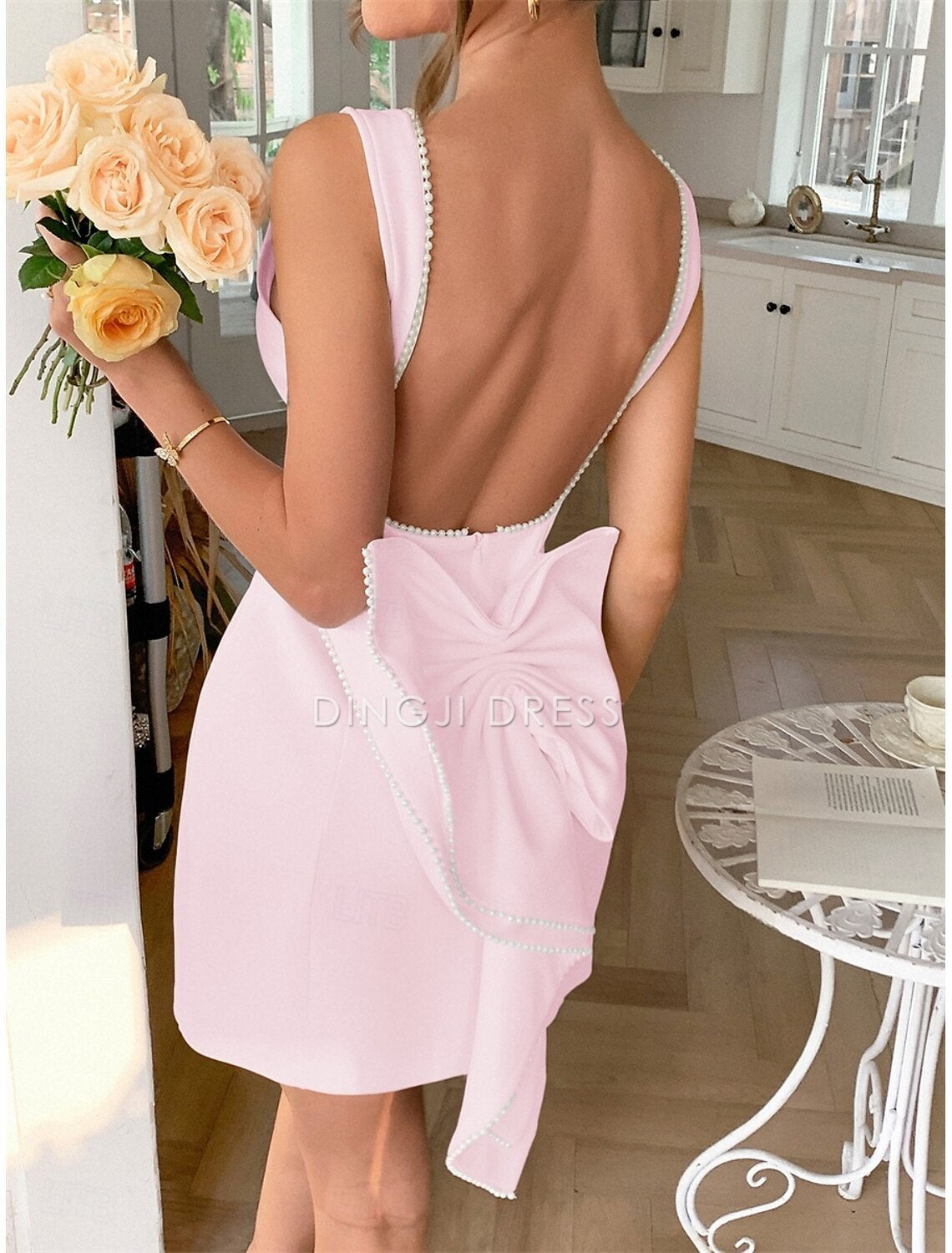 DingJiDress Hot Sale Short Prom Dress Elegant A-Line Wedding Guest Sleeveless Boat Neck Satin Backless with Beading Exquisite New Homecoming Dress