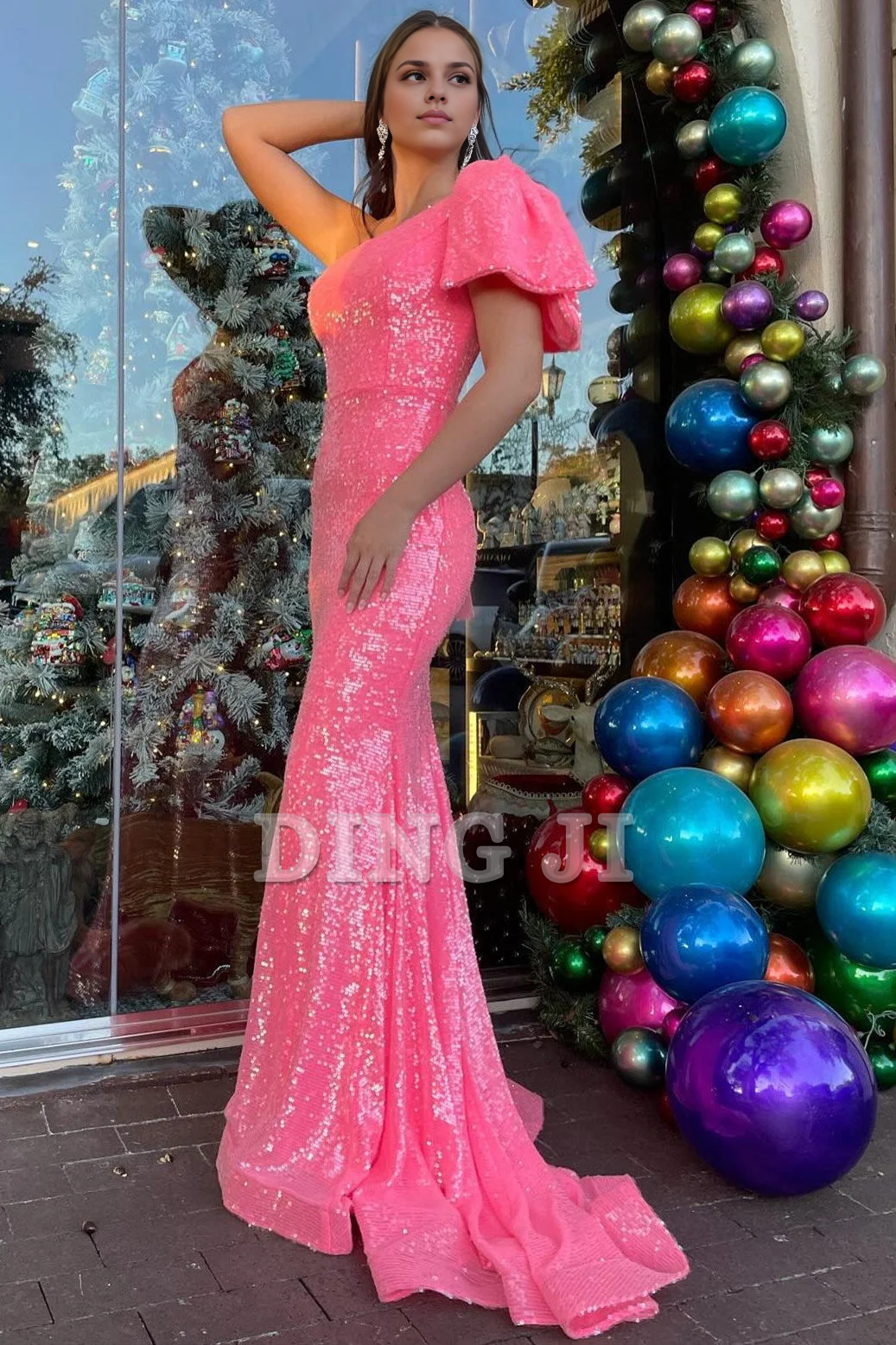 DingJiDress Sparkle Charming Evening Dress Mermaid Cultivate oneself Sequin One Shoulder Bow Strap Long Prom Dress Sweep Train Exquisite Formal Wear Dresses Wedding Guest Dresses