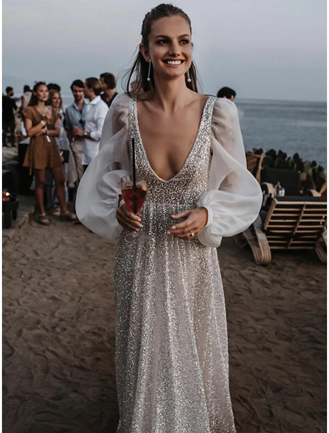 Beach Open Back Boho Wedding Dresses Long Sleeve V Neck Sequined With Pleats
