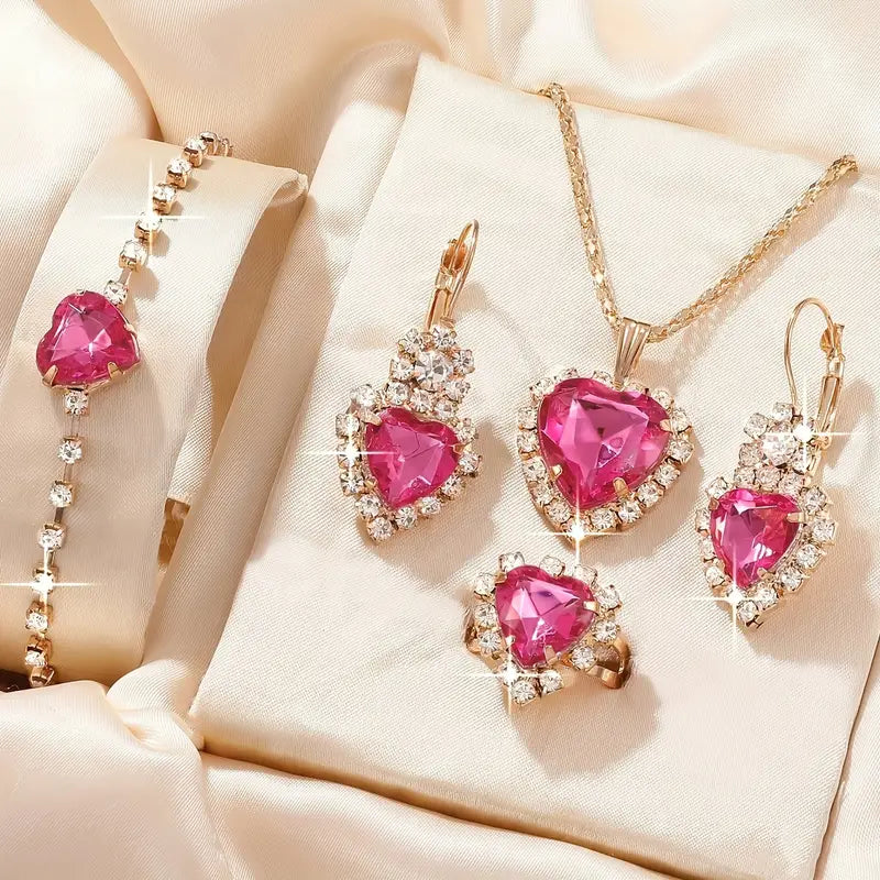 DingJi 1 Pair Of Earrings + 1 Necklace + 1 Bracelet + 1 Ring Coquette Style Jewelry Set Inlaid Heart Shape Zirconia Black Or Red Make Your Call