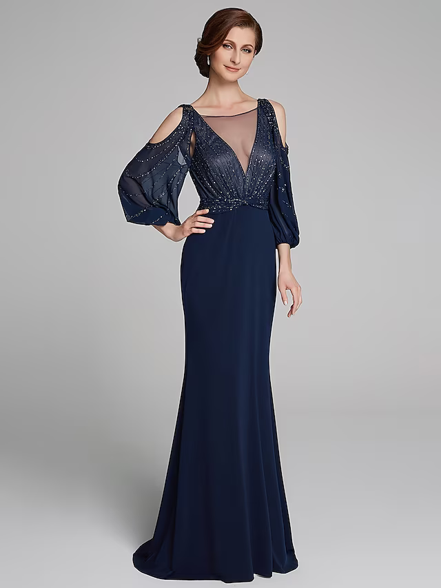 Mother of the Bride Dress Sparkle Shine Boat Neck Floor Length Chiffon Jersey Long Sleeve No with Beading Ruching