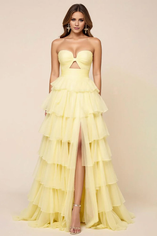 DingJiDress High Quality Dress Elegant Strapless Tulle Ruched Tiers With Slit Long Prom Dress