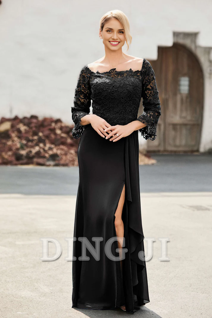 DingJiDress Mother of the Bride Dresses Ruffles Long Sleeves Sheath Dress With Slit Elegant Charming Dresses Wedding Guests Dresses