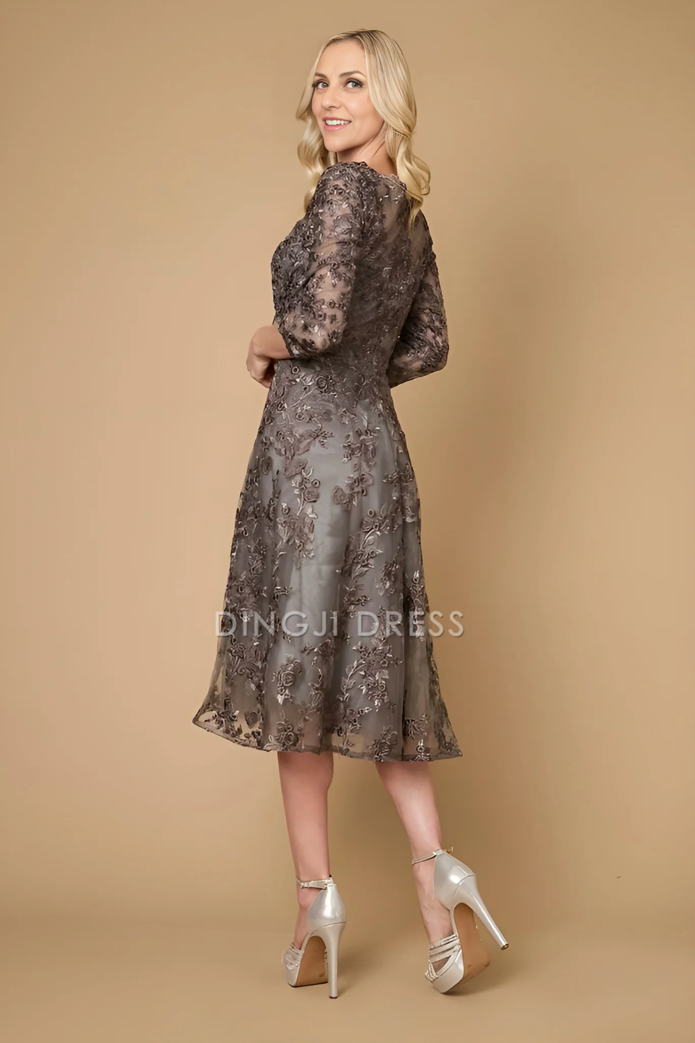 DingJiDress Evening Dress Fashion V Neck 3/4 Sleeve Lace Tea-Length Exquisite Mother Of The Bride Dress