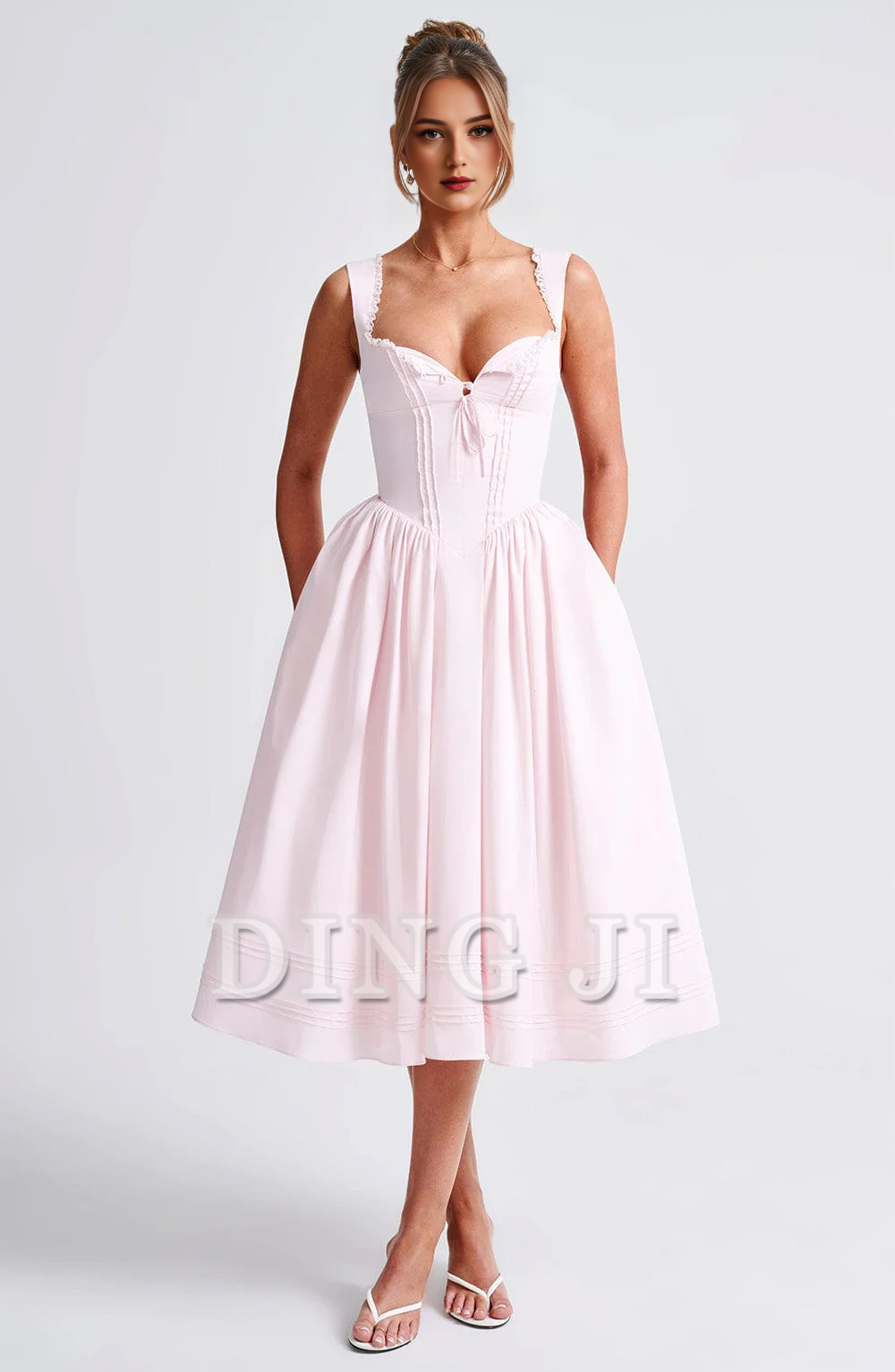 DingJiDress Bridesmaid Dresses Lace Trim Square Neckline Lace up sweet Midi Dress Formal Wear Dresses Wedding Guests Dresses