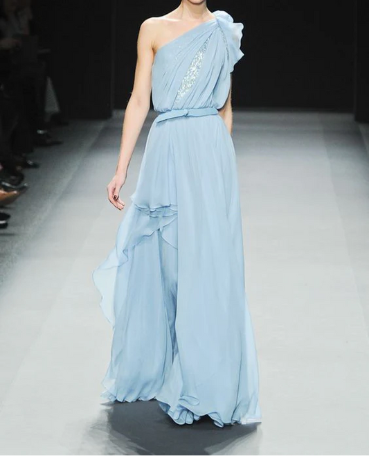 DingJiDress One Shoulder A Line Chiffon Ruched Irregular Romantic High Quality Prom Dress