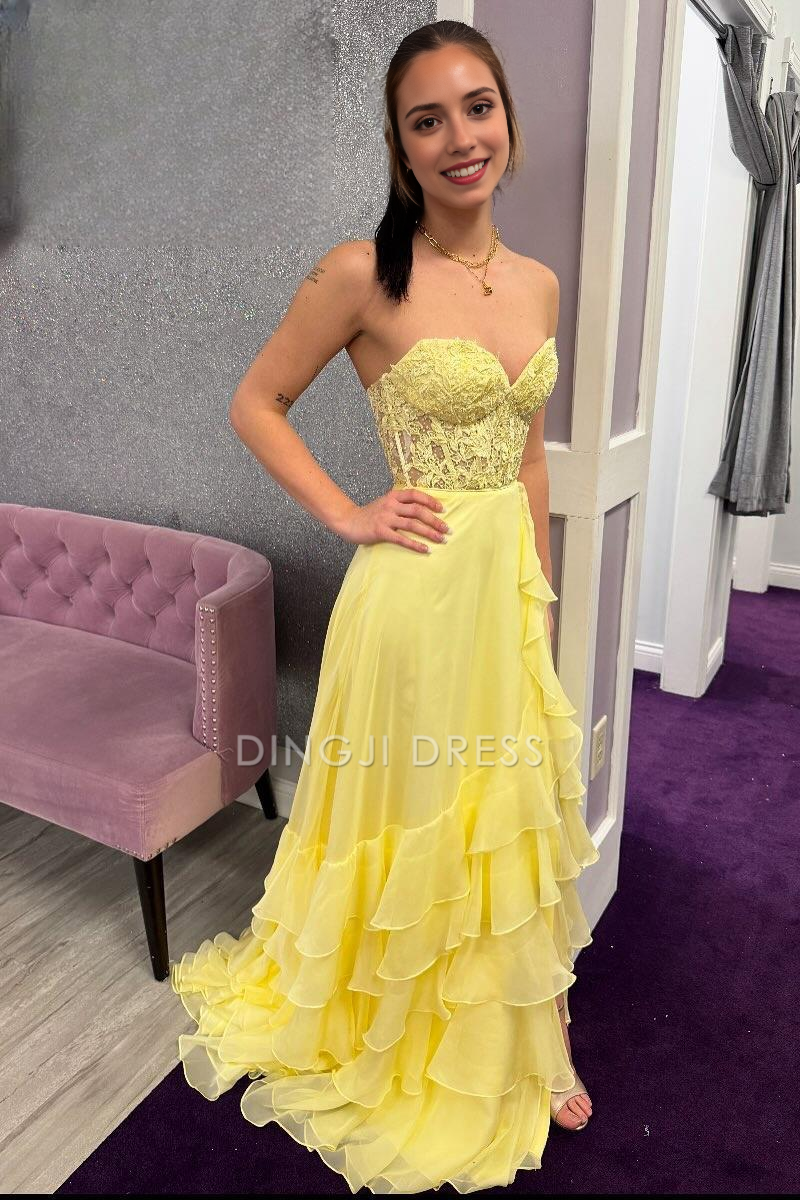 DingJiDress Formal Dress Exquisite A-Line Sweetheart Strapless Sleeveless Empire Appliques Ruched Tiered Party Prom Dress