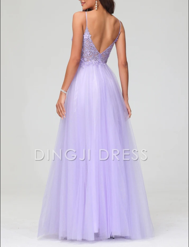 DingJiDress Evening Dress Charming A-Line V Neck Spaghetti Straps Tulle Applique Long Dress Exquisite Formal Dress