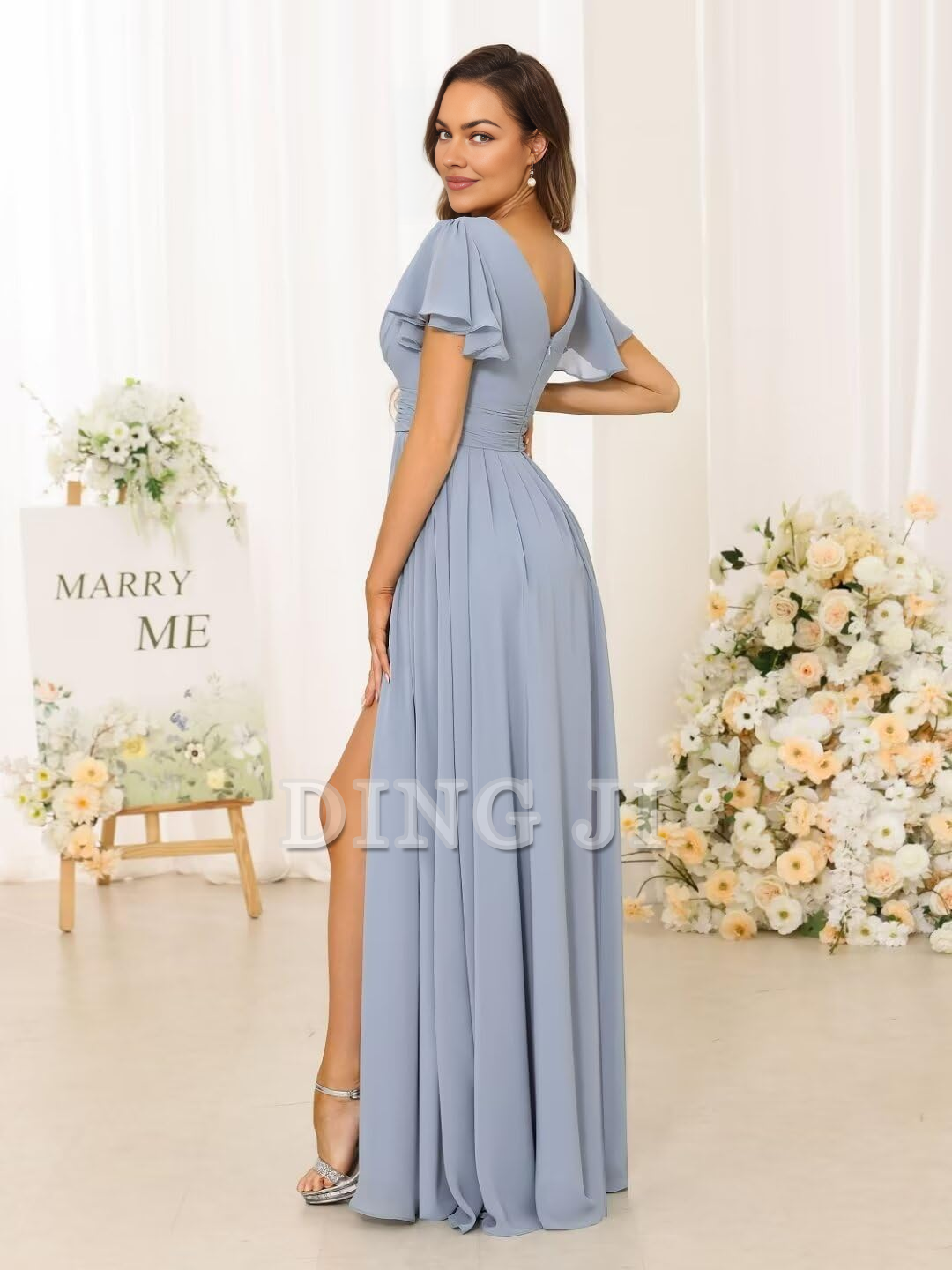 DingJiDress Bridesmaid Dresses A Line V Neck Flutter Sleeve Side Fork Youthful Elegant Chiffon Formal Wear Dresses