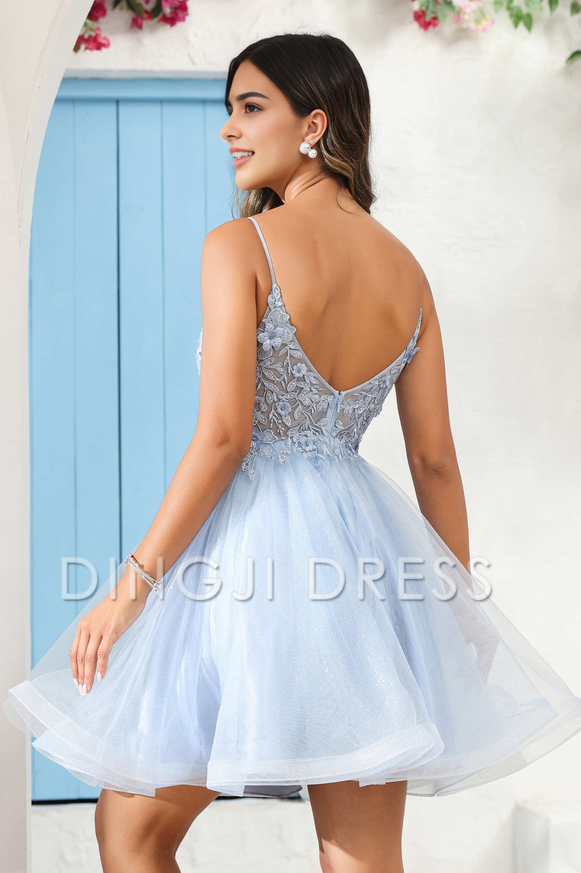 DingJiDress Hot Sale Homecoming Dress Exquisite A Line V Neck Spaghetti Straps Backless See-Through Applique Mini Dress