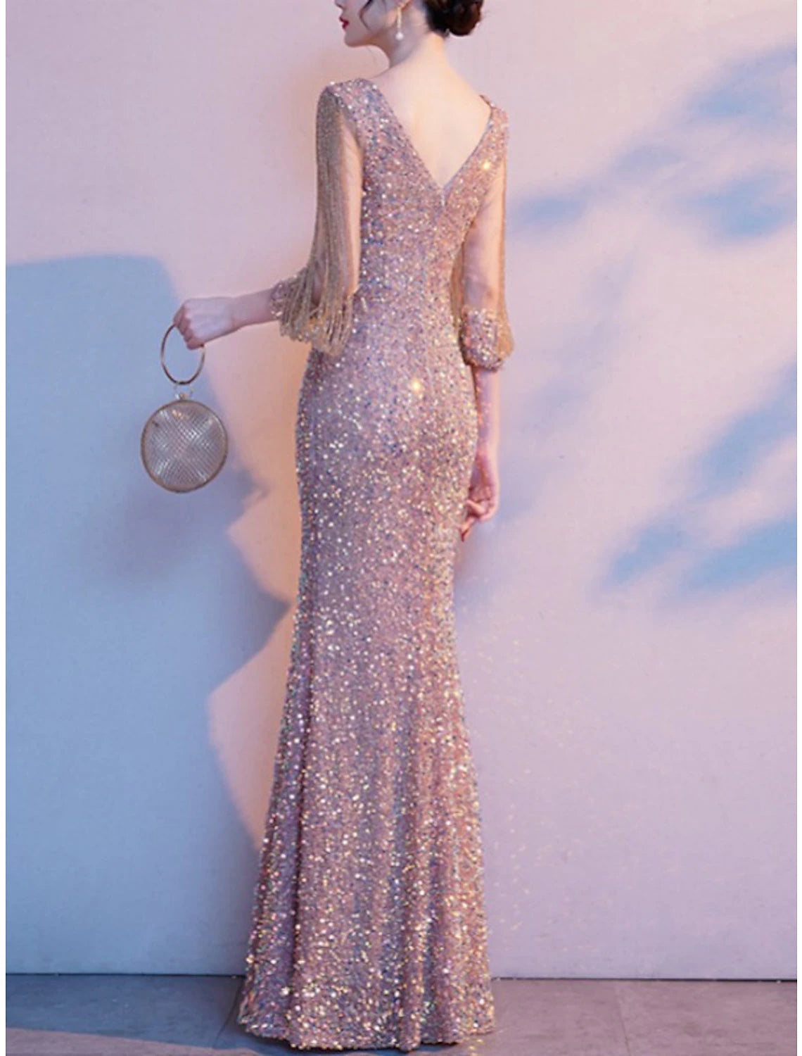 Sheath / Column Mother of the Bride Dress Elegant Sparkle & Shine Petite Jewel Neck Floor Length Sequined 3/4 Length Sleeve