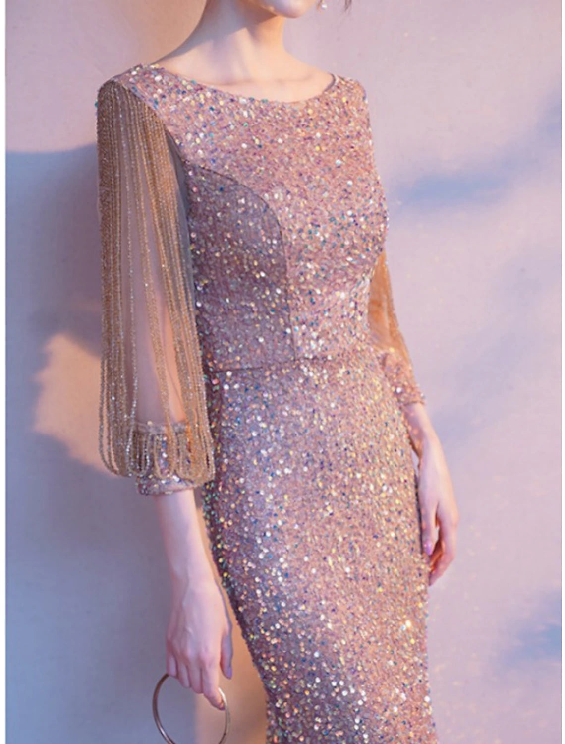 Sheath / Column Mother of the Bride Dress Elegant Sparkle & Shine Petite Jewel Neck Floor Length Sequined 3/4 Length Sleeve