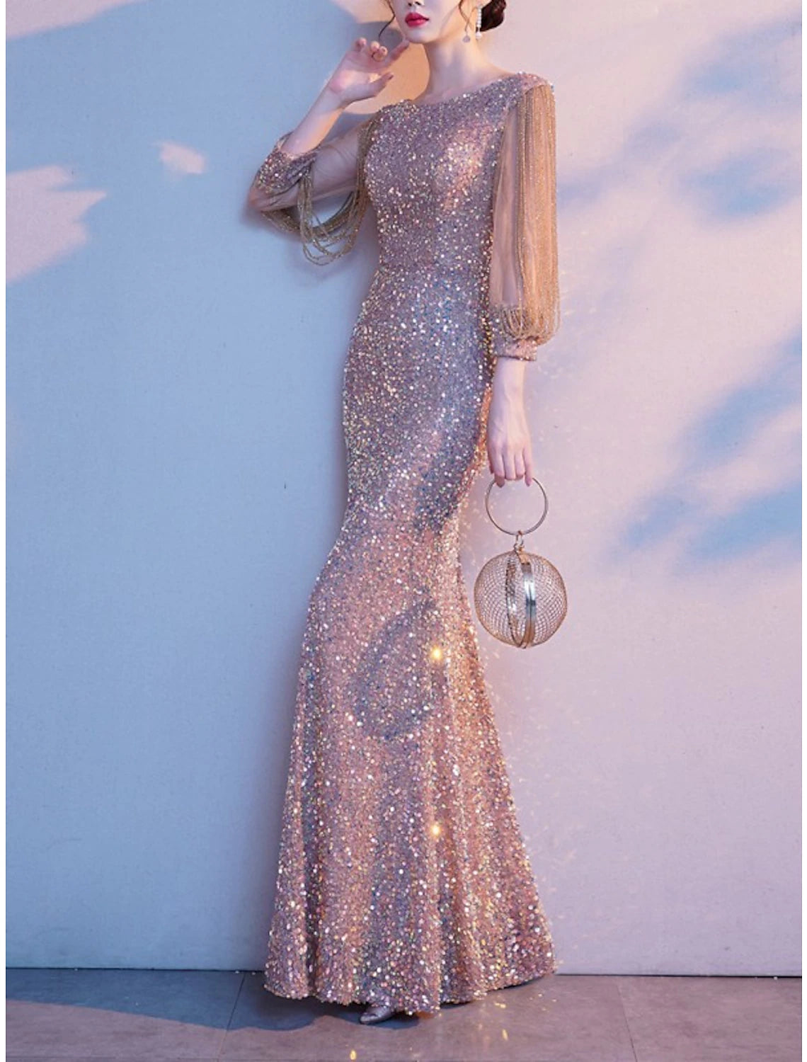 Sheath / Column Mother of the Bride Dress Elegant Sparkle & Shine Petite Jewel Neck Floor Length Sequined 3/4 Length Sleeve
