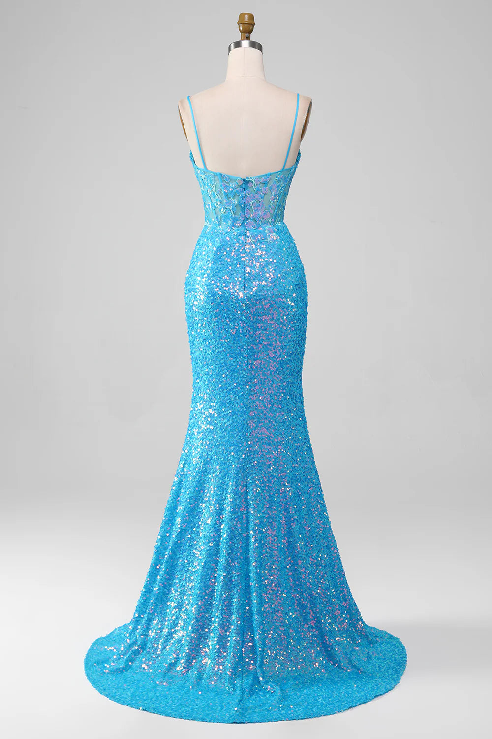 DingJiDress Spaghetti Straps Blue Sparkly Corset Prom Dress with Slit
