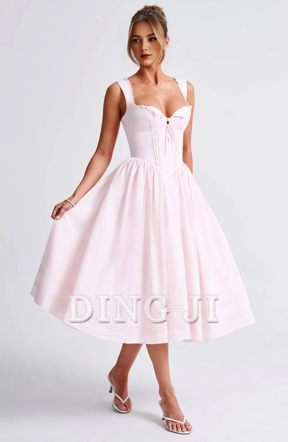 DingJiDress Bridesmaid Dresses Lace Trim Square Neckline Lace up sweet Midi Dress Formal Wear Dresses Wedding Guests Dresses
