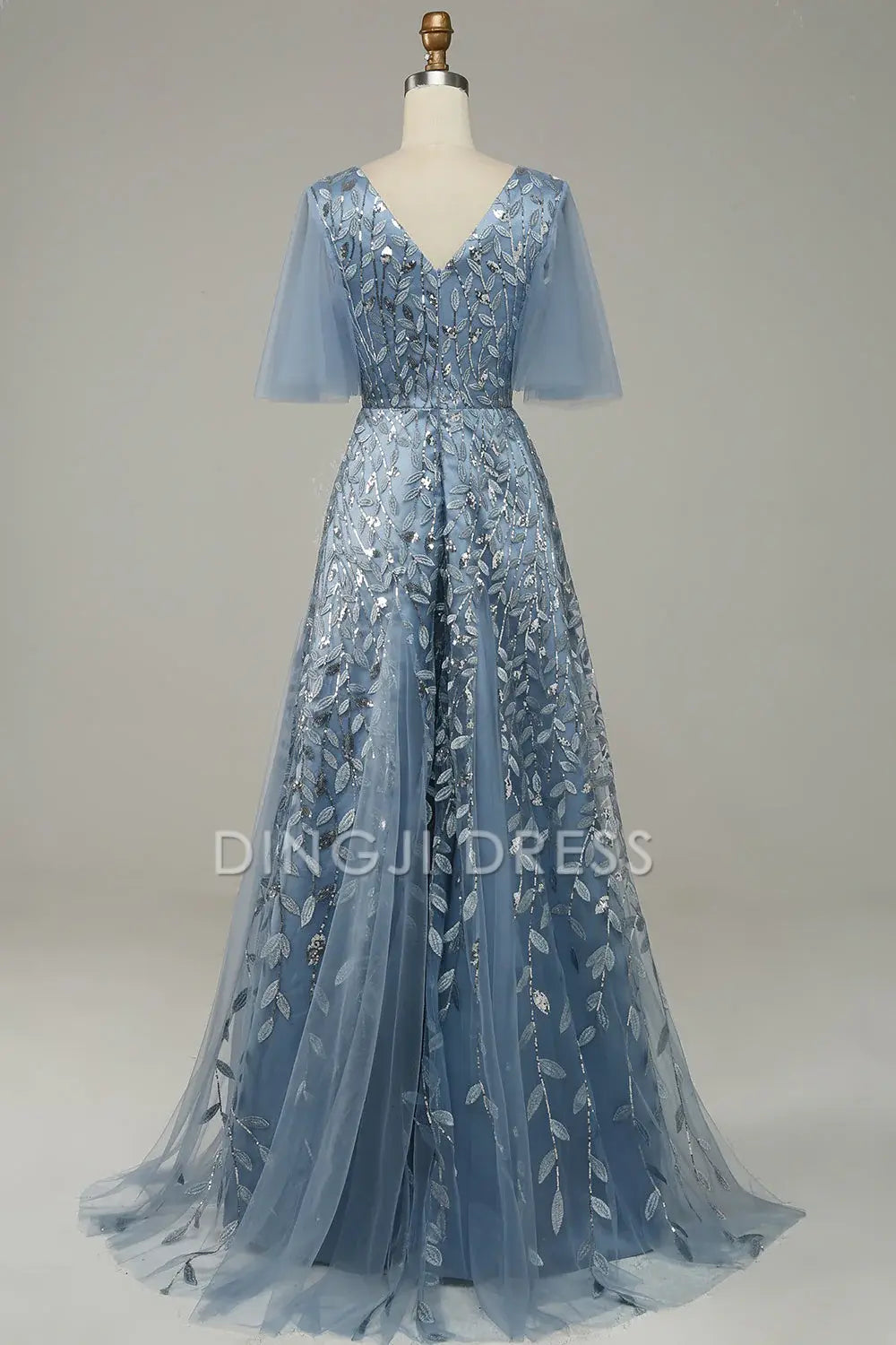 DingJiDress High Quality Dress Exquisite V Neck Flowing Sleeves Tulle Embroidered Leaves Fashion Prom Dress