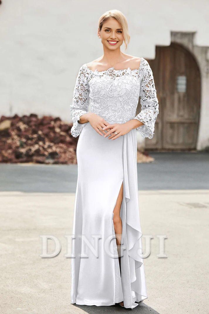 DingJiDress Mother of the Bride Dresses Ruffles Long Sleeves Sheath Dress With Slit Elegant Charming Dresses Wedding Guests Dresses