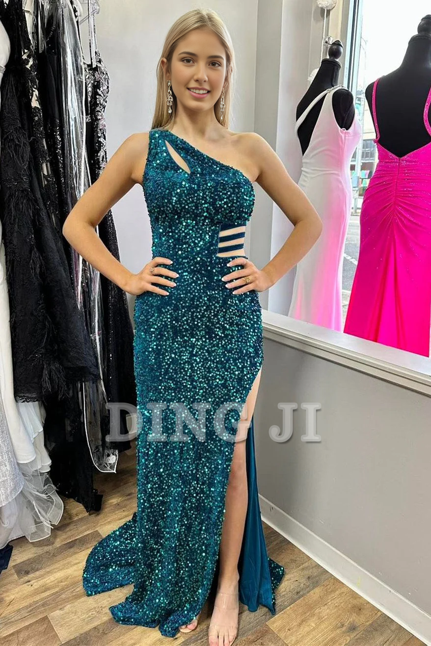DingJiDress Sparkle Evening Dress One-Shoulder Turquoise Sequin Keyhole Long Prom Dress Side Fork Lace up Backless Formal Wear Dresses Wedding Guest Dresses