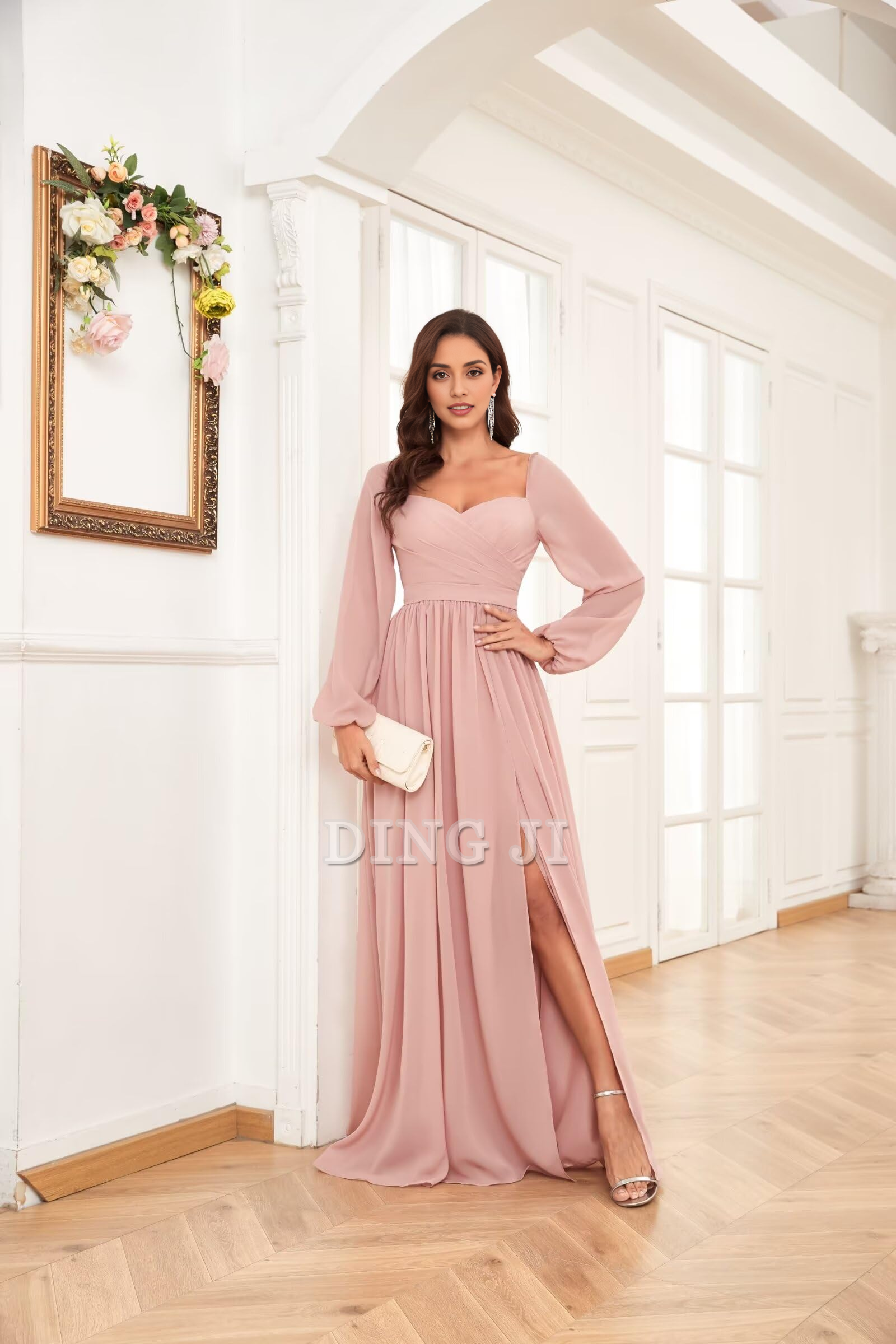 DingJiDress Bridesmaid Dresses Sweetheart Long Sleeve Pleated Side Fork Chiffon Elegant Long Formal Wear Dresses