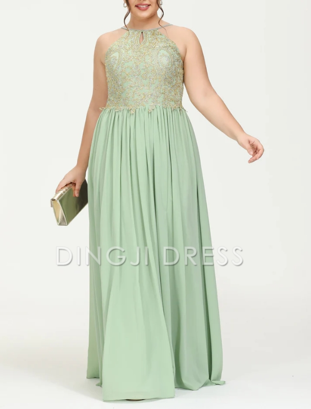 DingJiDress Evening Dress A-Line Halter Sleeveless Beaded Pleated Floor-Length Chiffon Plus Size Formal Dress