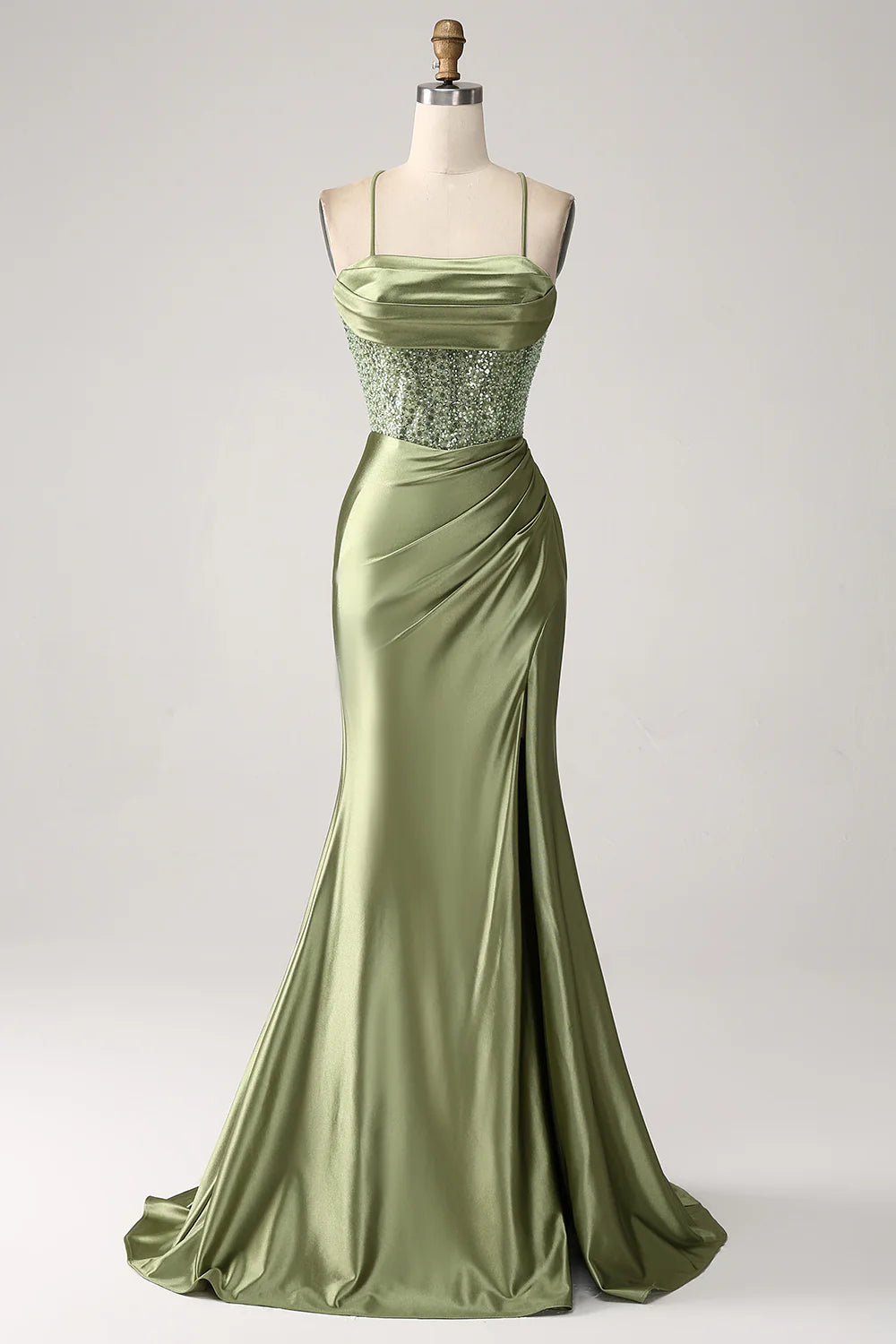 DingJiDress Army Green Mermaid Cowl Neckline Sequin Long Prom Dress With Slit