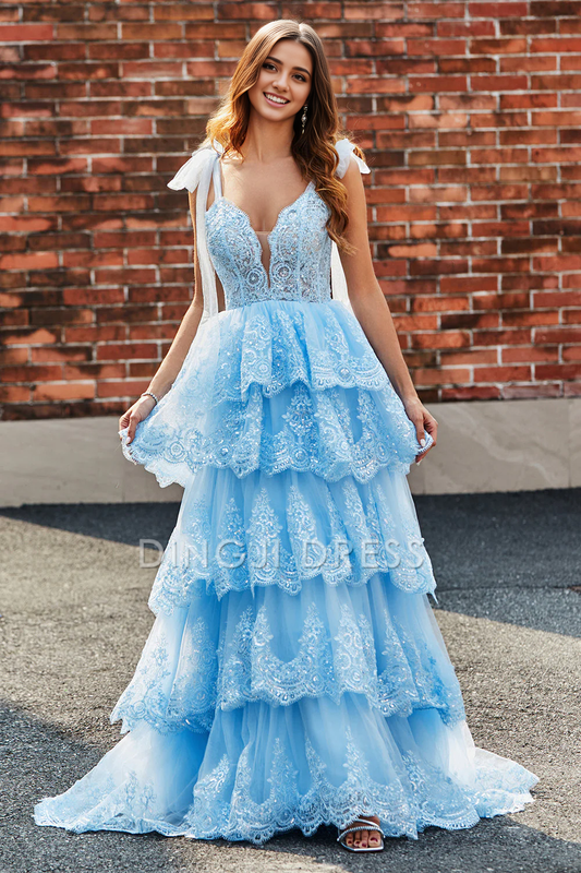 DingJiDress High Quality Dress Fashion Tiered Tulle Sweetheart Bow Tie Straps Sequin With Appliques Prom Dress
