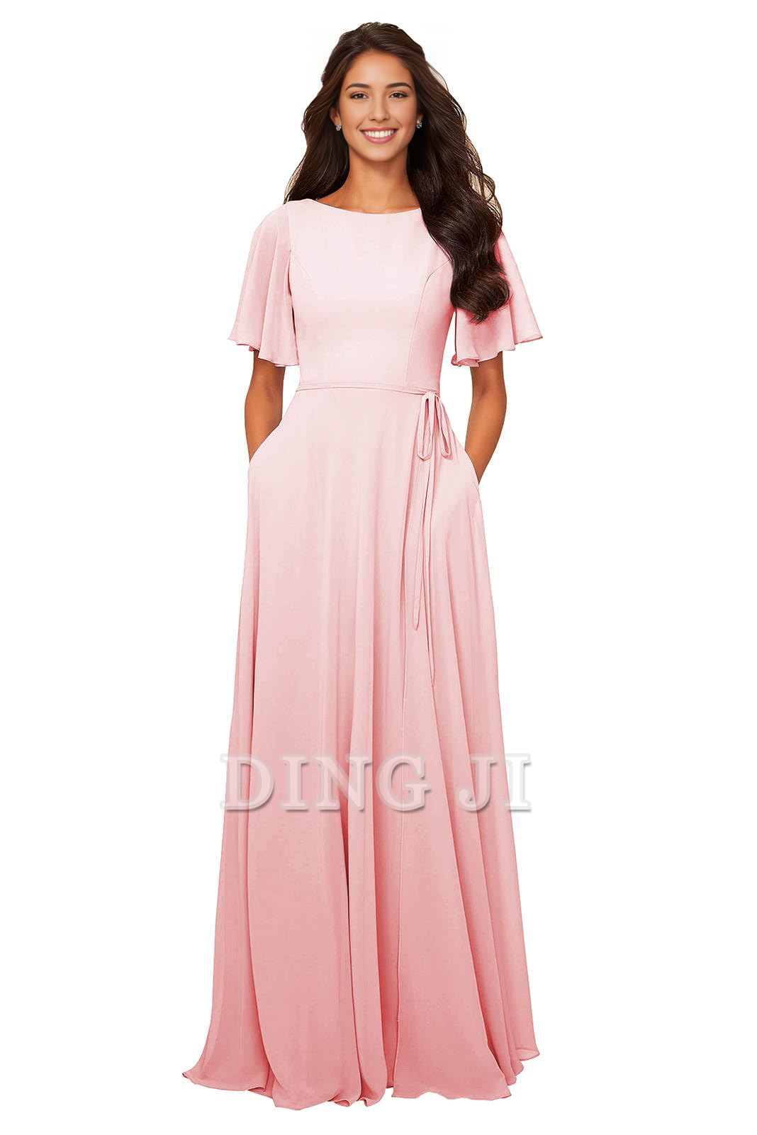 DingJiDress Bridesmaid Dresses Chiffon Modest A Line Bateau Neck Flutter Sleeve Elegant Formal Wear Dresses