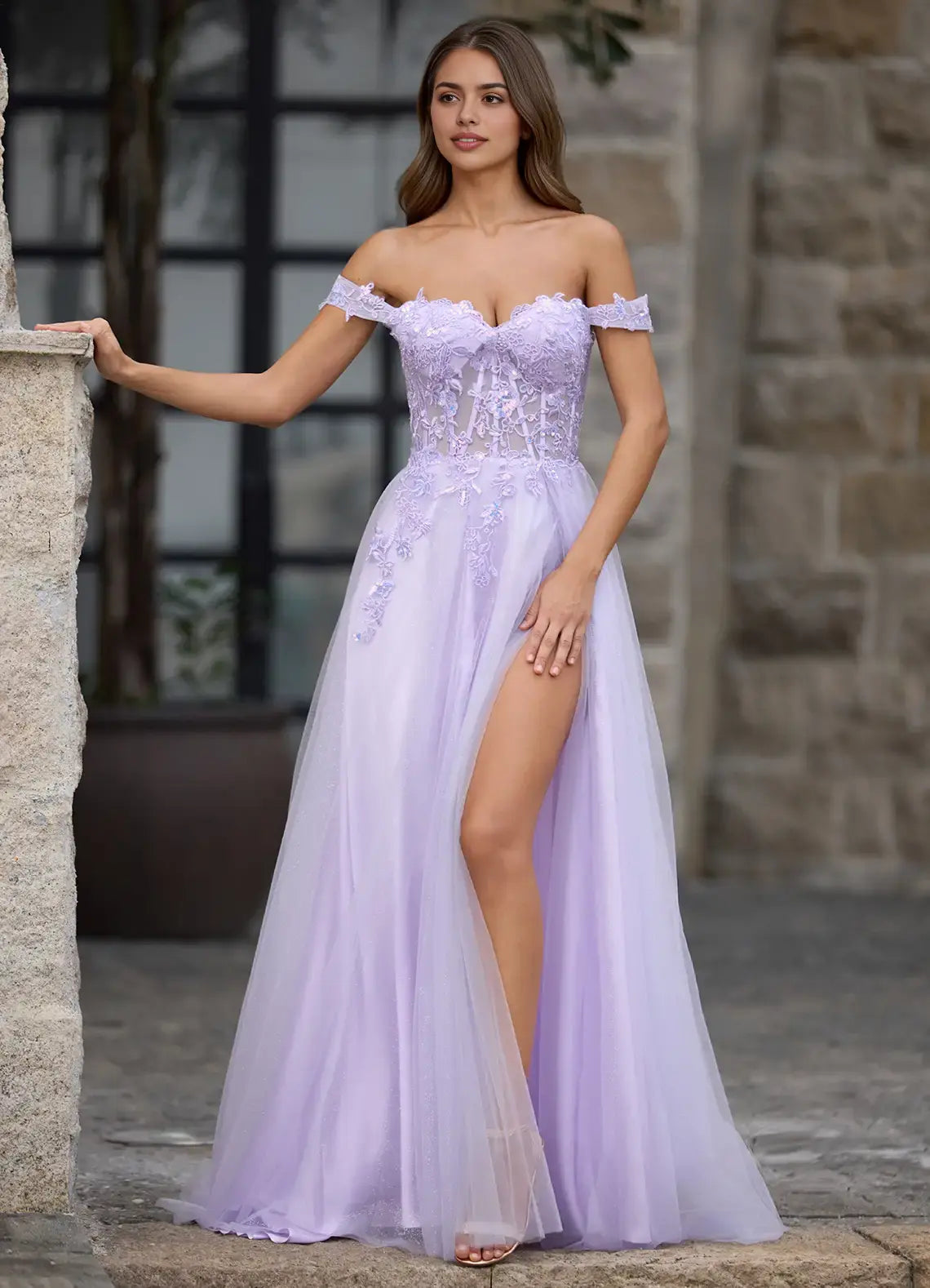 Purple Gossamer A Line Off-the-Shoulder Sweetheart Neckline Lace Applique Backless Side Fork Affordable Formal Dress Elegant Prom Dress