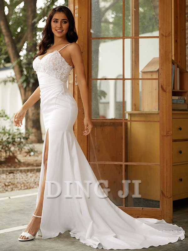 DingJiDress Wedding Dresses Mermaid Sheath/Column Stretch Crepe Lace V-neck Sleeveless Sweep/Brush Train Exquisite Elegant Wedding Guests Dresses